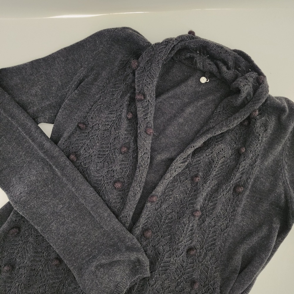 Knitted & Knotted Women's Gray Cardigan Sweater with Pom Poms Lace Detail Size S